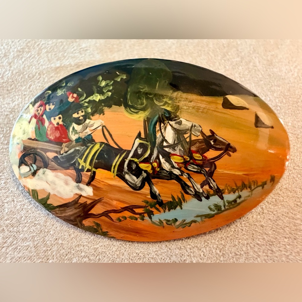 Vintage Russian Lacquer Handpainted Brooch, Traditional Troika Scene, Signed